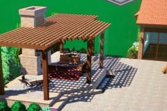 3d rendering of patio with furniture, pergola, and a fireplace with chimney